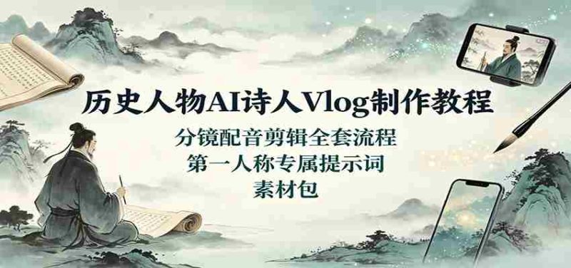 历史人物AI诗人Vlog制作教程:分镜配音剪辑全套流程,第一人称专属提示词素材包-优光资源网