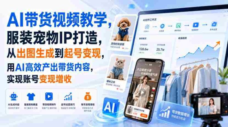 AI带货视频教学，服装宠物IP打造，从出图生成到起号变现，用AI高效产出带货内容，实现账号变现增收-优光资源网