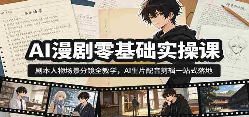 AI漫剧零基础实操课：剧本人物场景分镜全教学，AI生片配音剪辑一站式落地-优光资源网