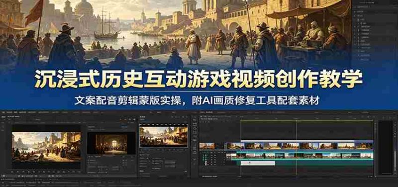 沉浸式历史互动游戏视频创作教学:文案配音剪辑蒙版实操,附AI画质修复工具配套素材-优光资源网