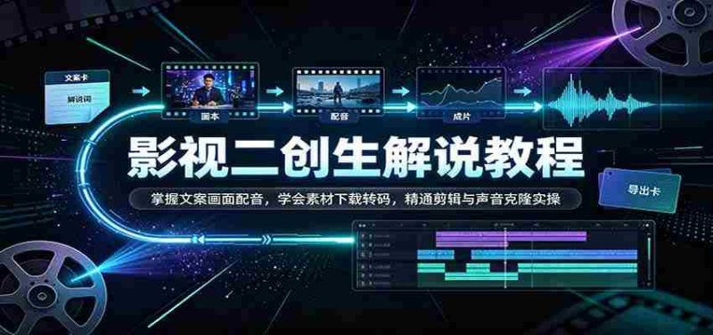 影视二创解说教程：掌握文案画面配音，学会素材下载转码，精通剪辑与声音克隆实操-优光资源网